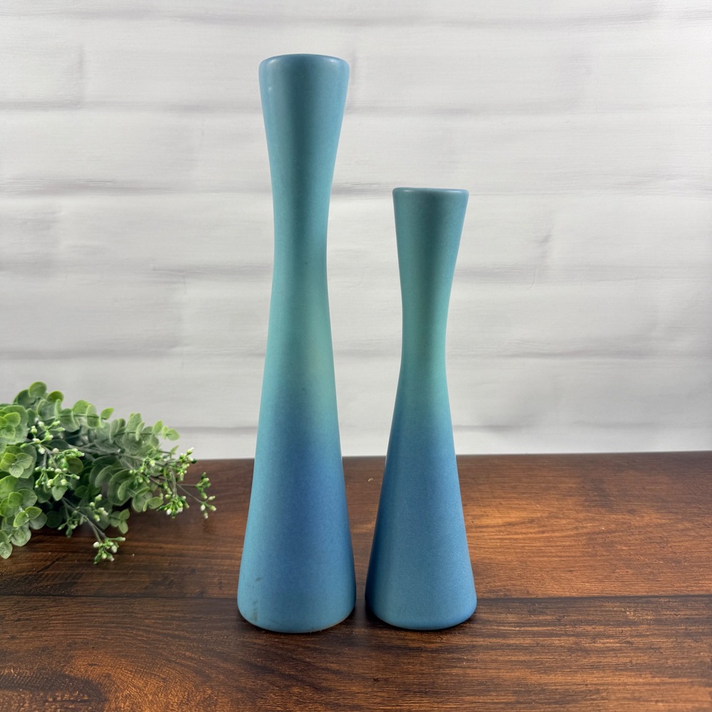 Van Briggle Pottery Blue Matte Bud Vases Graduated Pair 2004 Colorado Springs